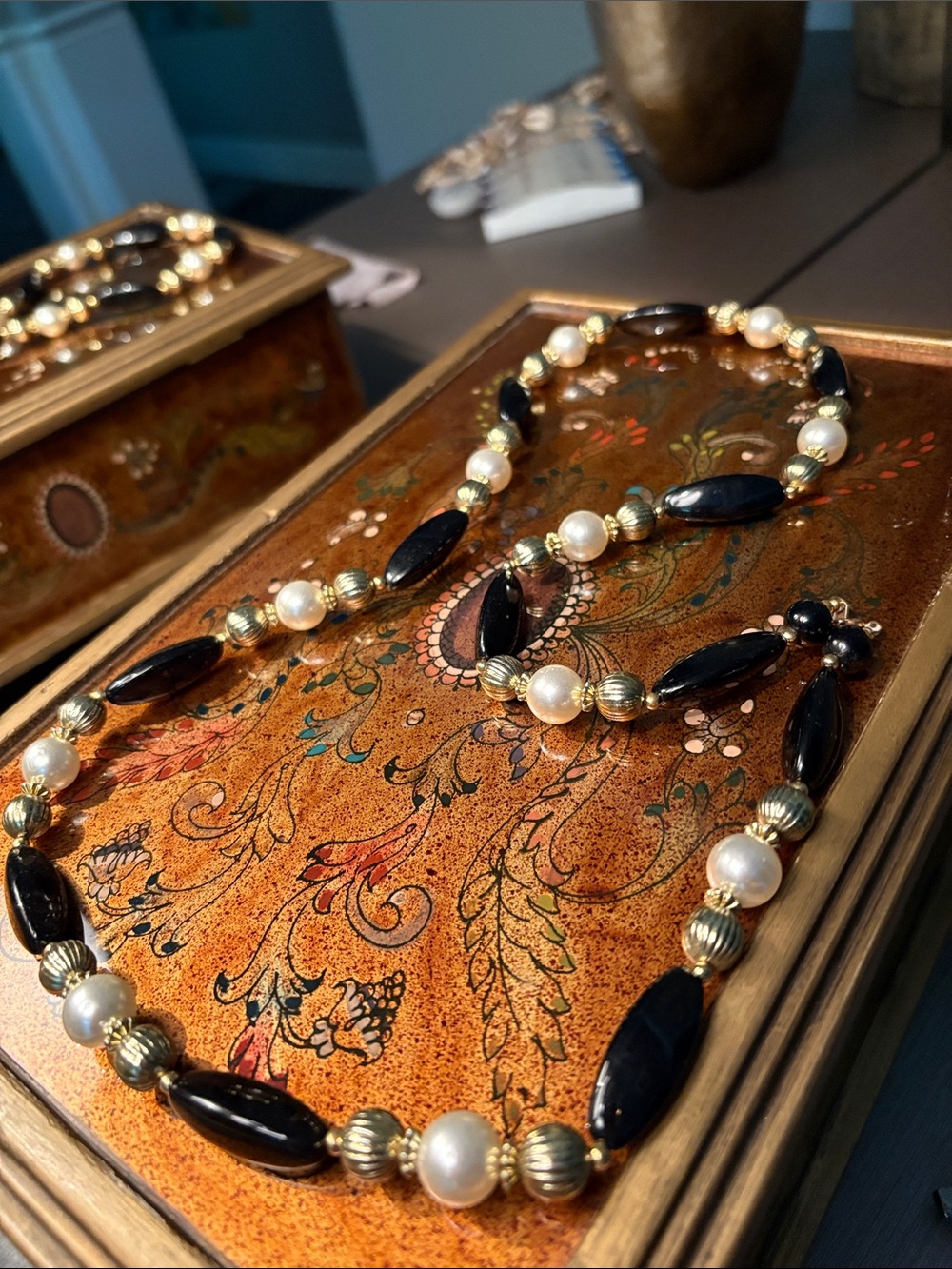 Elegant Black Onyx and Pearl Beaded Necklace - Gold Accents